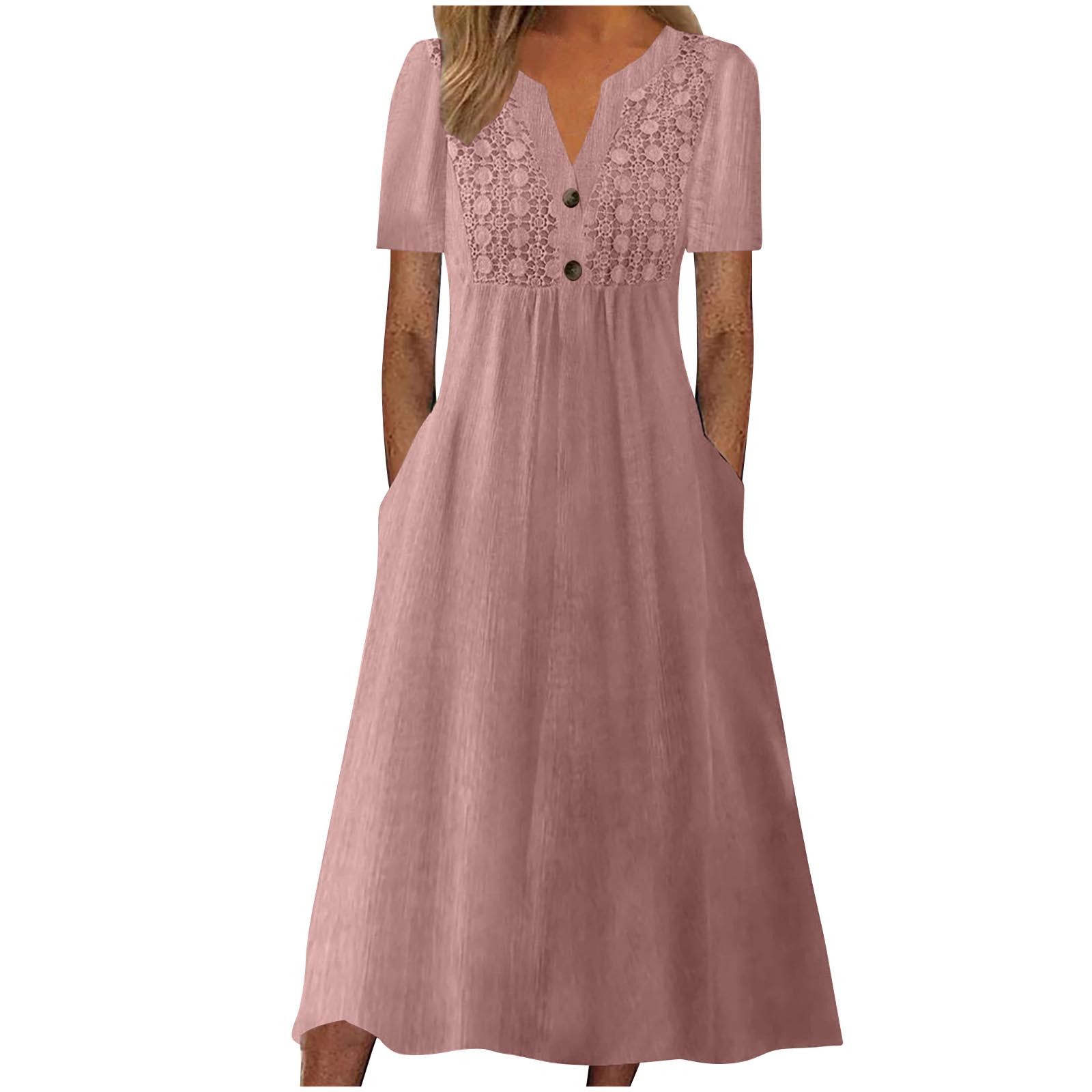 Vestido largo boho de manga corta con cuello en V y bolsillos para mujer: vestido de playa de poliéster con estampado floral para el verano